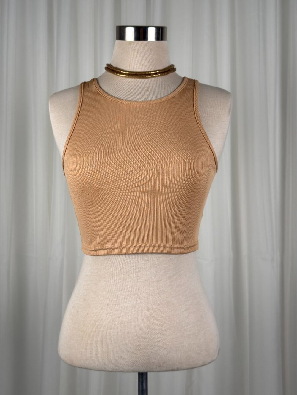 Nude Ribbed Crop Tank Top Beige Fitted Y2K Minimalist Sleeveless M